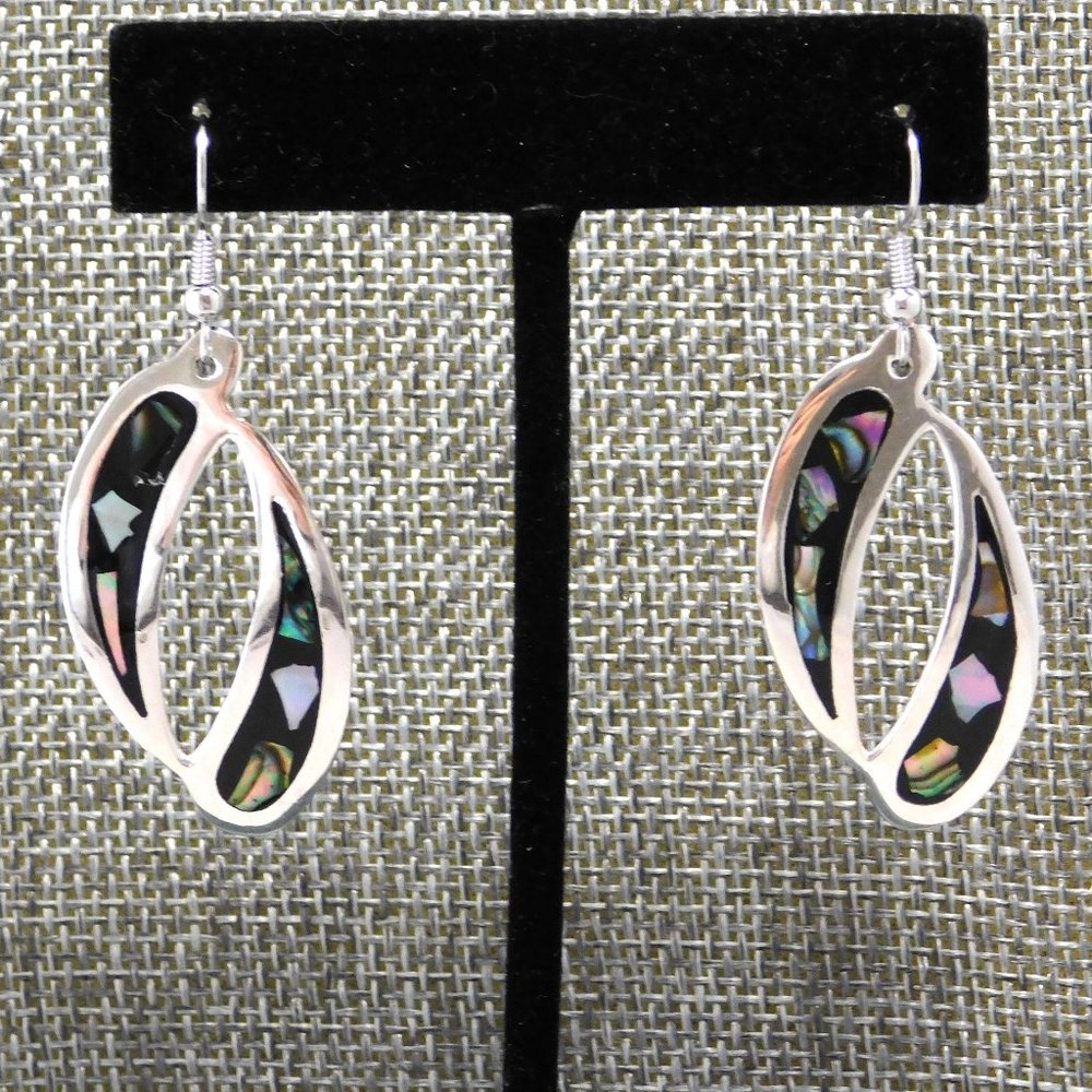 SOLD----Vintage Mexican Earrings Abalone Shell Alpaca Silver Black Enamel Inlay